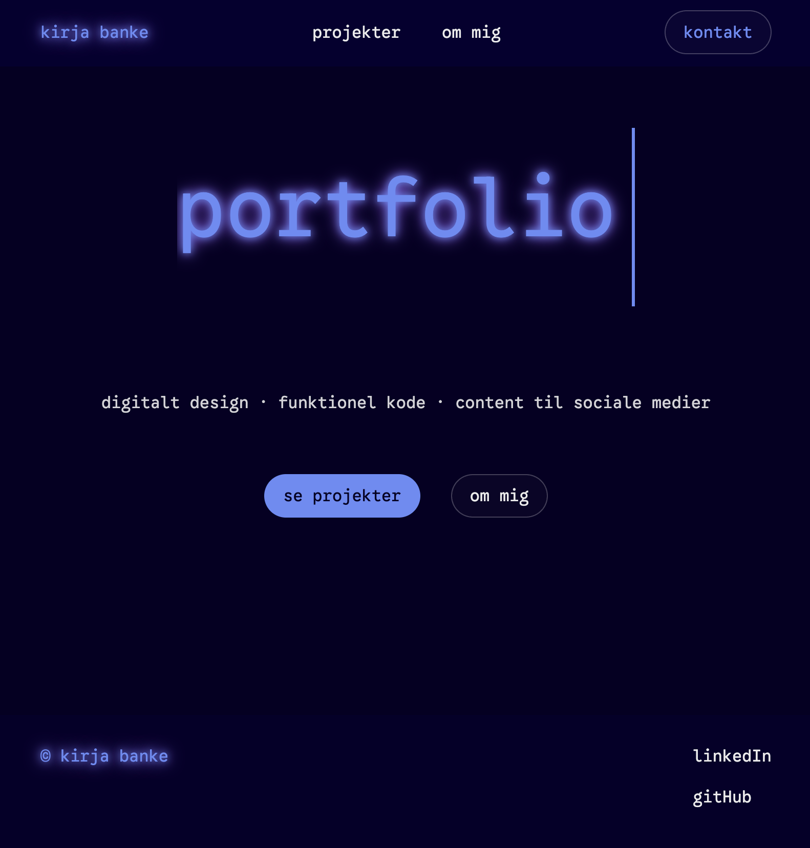 Billede af denne portfolio, som viser landing page med glow-tekst